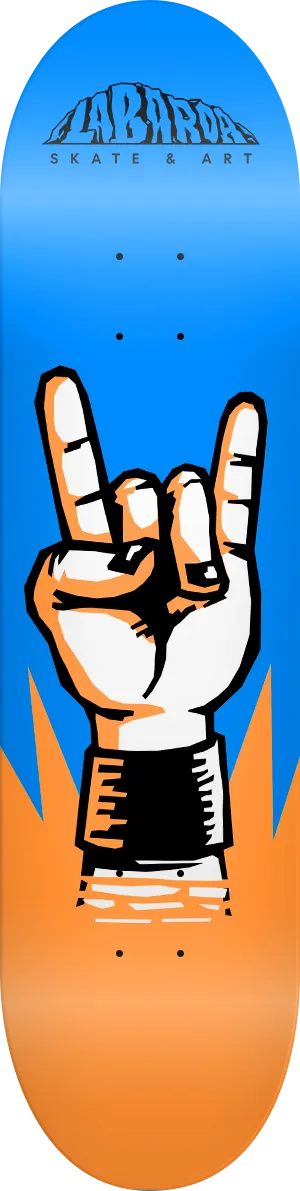 Tabla Rock On! azul con una mano haciendo el gesto de rock